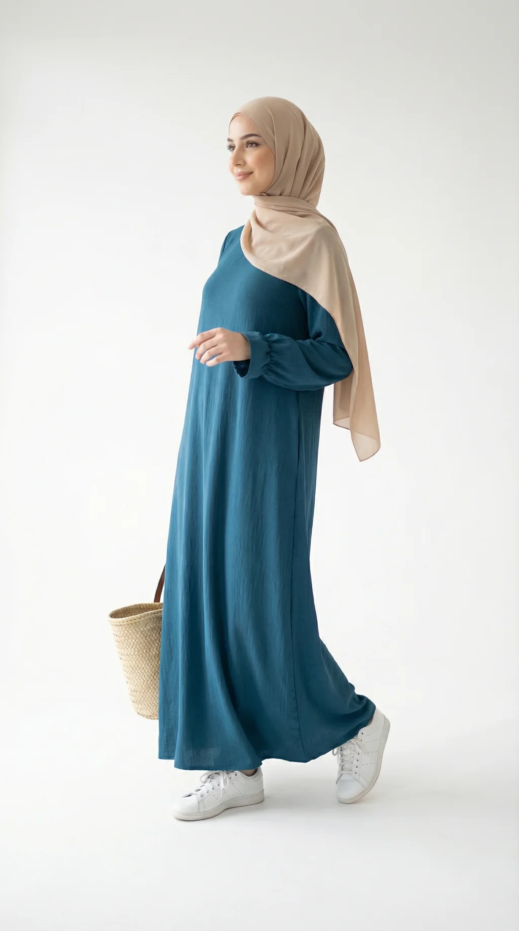 Abaya Bleu Canard en Jazz  Manches Volant - Studio Photo - Model Style: Hijabi