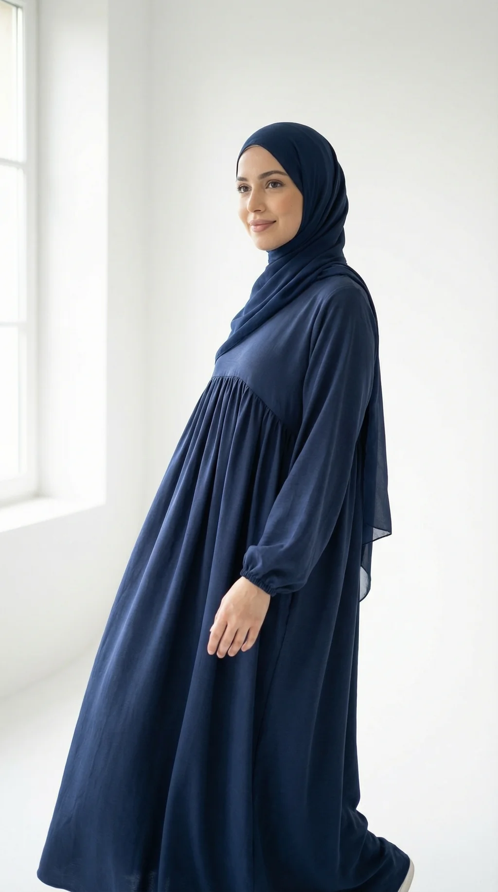 Abaya Bleu Marine en Soie de Médine - Studio Style Abaya Bleu Marine en Soie de Médine - Studio Photo - Model Style: Hijabi
