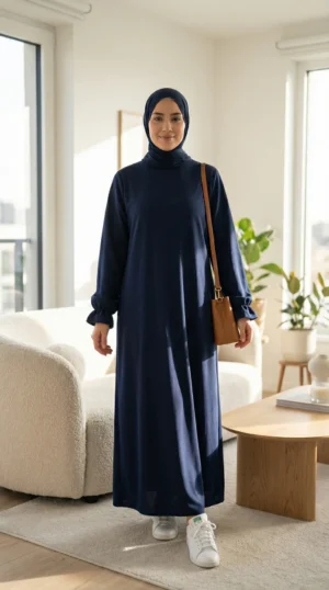 Abaya Bleu Marine Jazz Manches Volant - Foto de estilo de vida - Estilo de modelo: Hijabi