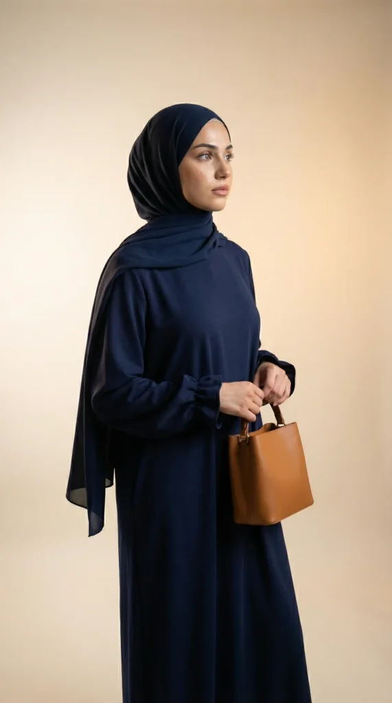 Abaya Bleu Marine Jazz Manches Volant - Foto minimalista - Estilo de modelo: Hijabi