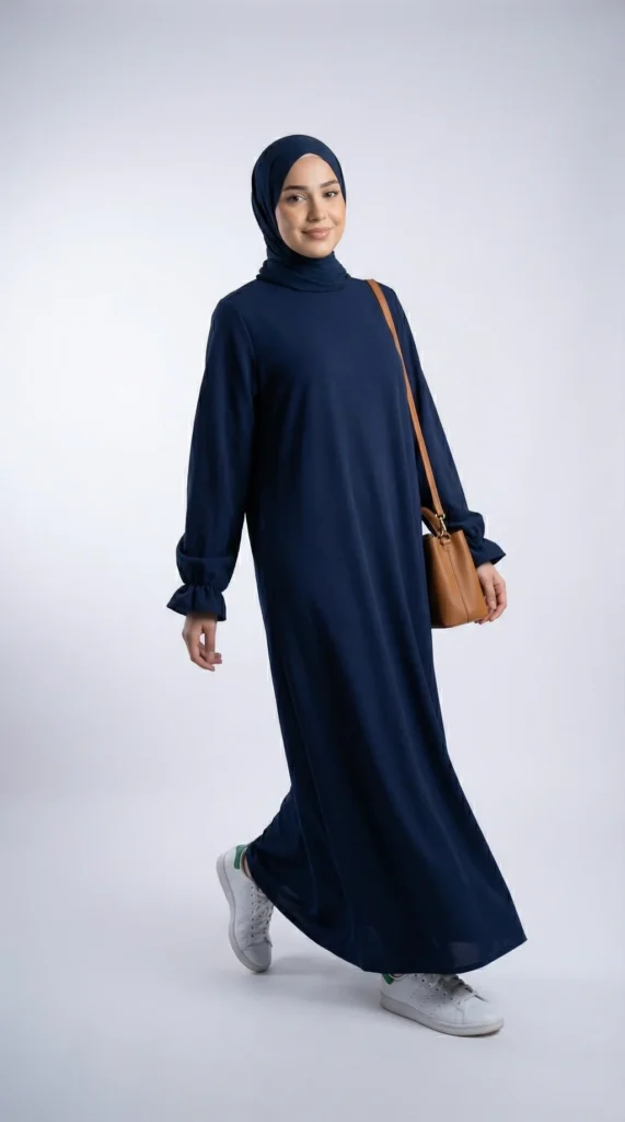 Abaya Bleu Marine Jazz Manches Volant - Foto de estudio - Estilo de modelo: Hijabi