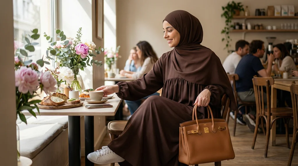 Abaya Marron Chocolat  Soie de Médine - Lifestyle Photo - Model Style: Hijabi