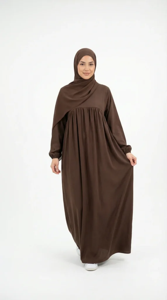 Abaya marrón chocolate en seda de Medina - Foto de estudio - Estilo de modelo: Hijabi