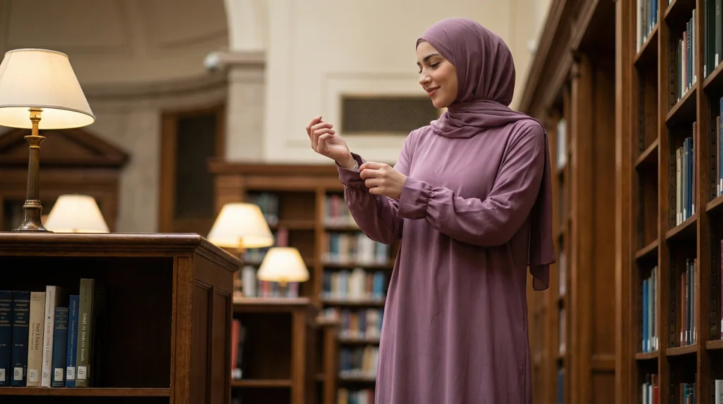 Abaya Mauve en Jazz Manches Volant - Lifestyle Photo - Model Style: Hijabi