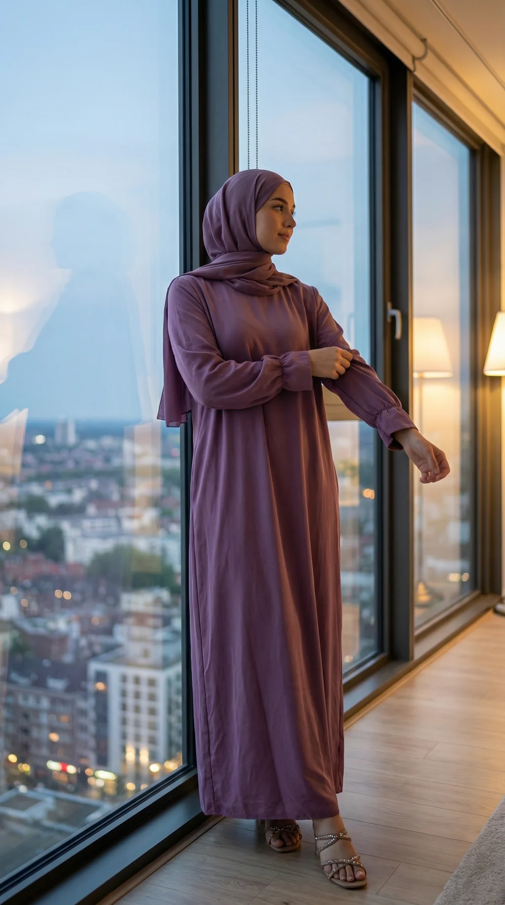 Abaya Mauve en Jazz  Manches Volant - Luxury Photo - Model Style: Hijabi