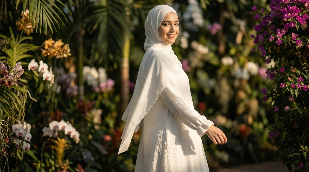 Robe abaya jazz blanche 1 Robe abaya jazz blanche - Garden Photo - Model Style: Hijabi