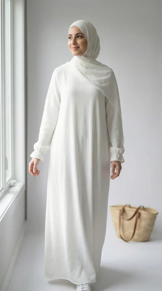 White jazz Abaya dress - Studio Photo - Model Style: Hijabi