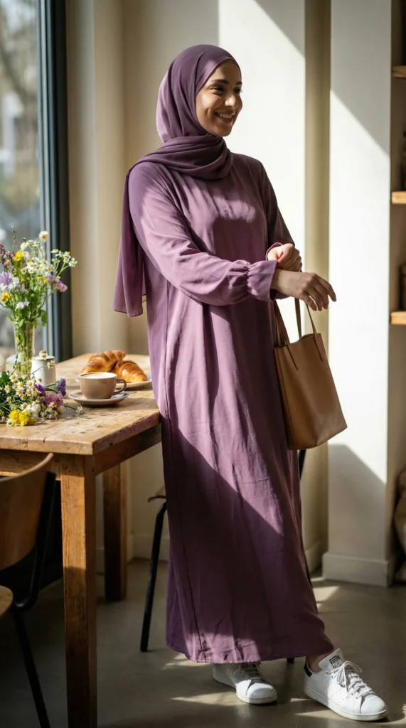 Mauve jazz Abaya dress - Lifestyle Photo - Model Style: Hijabi