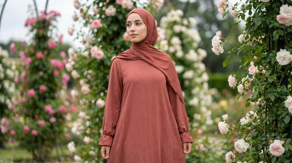 Robe Abaya Terracotta Jazz 1 Robe Abaya Terracotta en Jazz - Garden Photo - Model Style: Hijabi