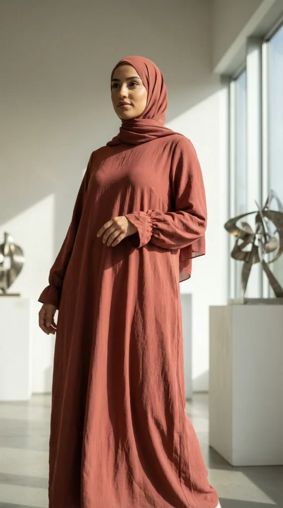 Terracotta Jazz Abaya Dress - Lifestyle Photo - Model Style: Hijabi