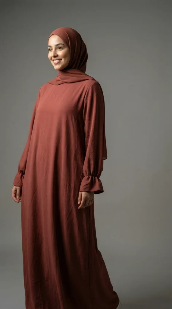 Robe Abaya Terracotta en Jazz - Studio Photo - Model Style: Hijabi