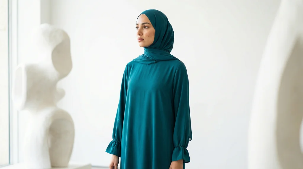 Robe Abaya Vert Canard Jazz 1 Robe Abaya Vert Canard Jazz - Lifestyle Photo - Model Style: Hijabi