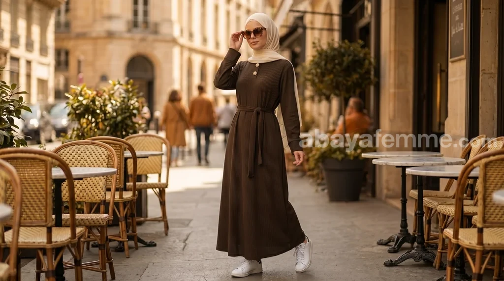 Abaya Côtelée Marron 1 Abaya côtelée marron portée avec élégance, vue d'ensemble