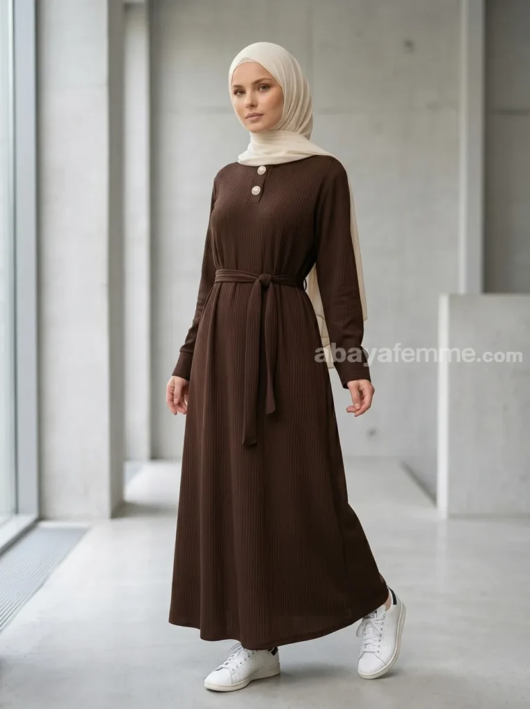 Abaya Côtelée Marron 2 Détail du tissu et de la ceinture de l'abaya côtelée marron