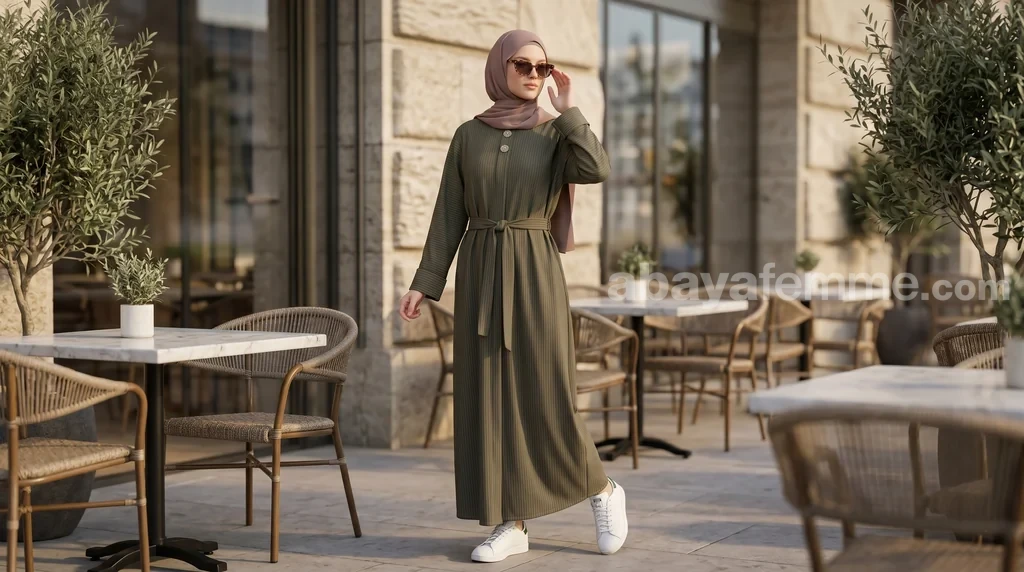 Abaya Côtelée Taupe 1 Abaya Côtelée Taupe portée avec élégance par un mannequin