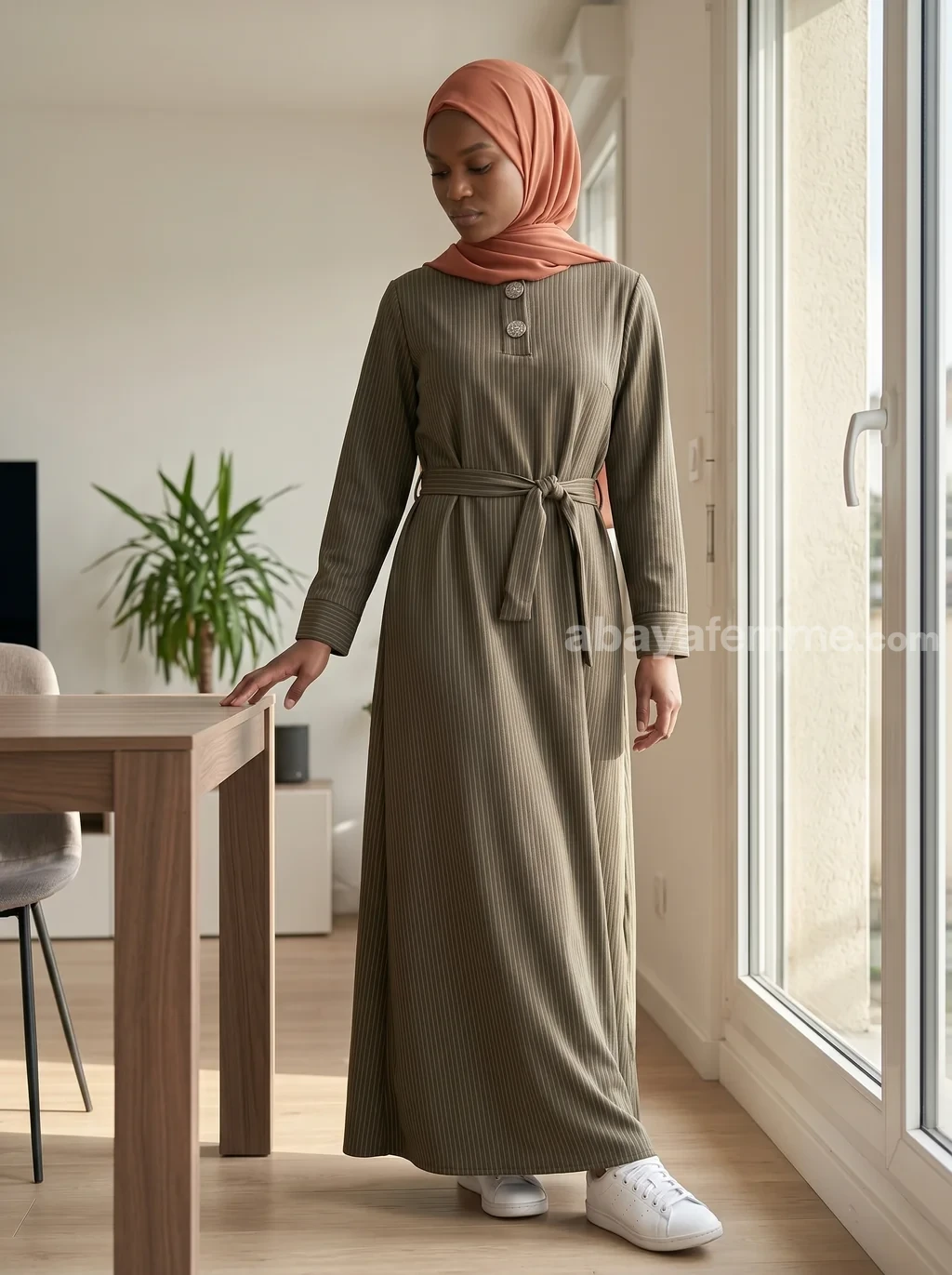 Abaya Côtelée Taupe 2 Détail du tissu de l'Abaya Côtelée Taupe montrant la texture