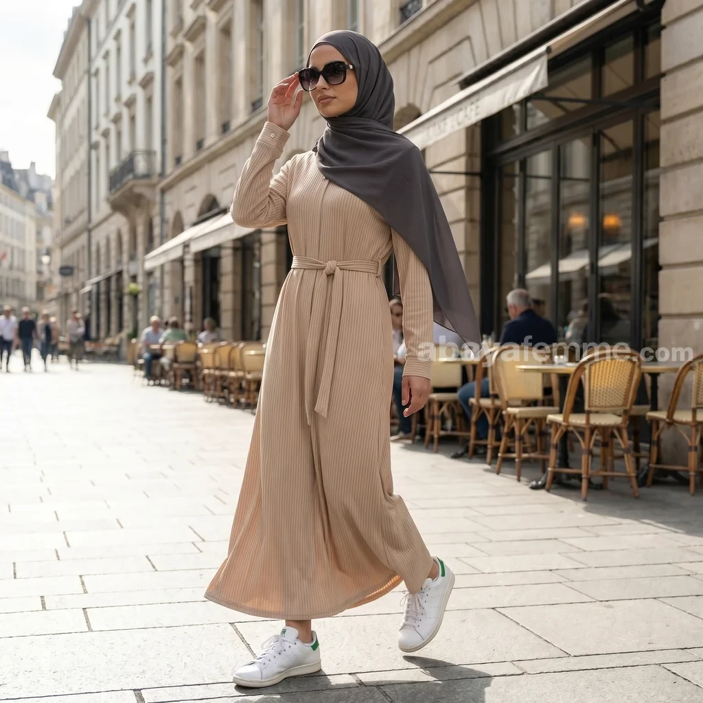 Abaya Côtelée Crème 2 Détail du tissu de l'abaya côtelée crème et coupe fluide