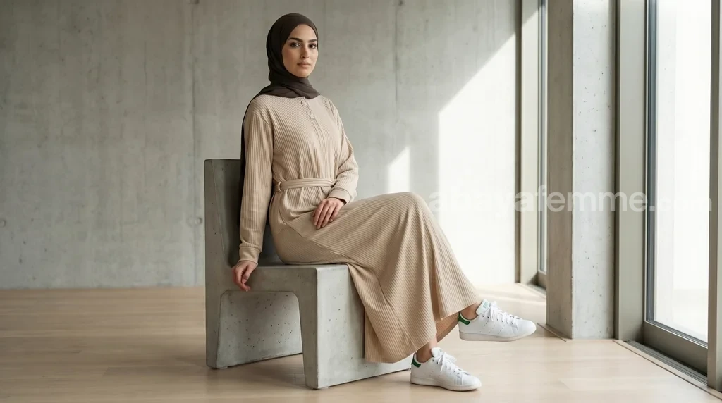 Abaya Côtelée Crème 1 Abaya côtelée crème élégante portée par une femme pour un style modeste chic