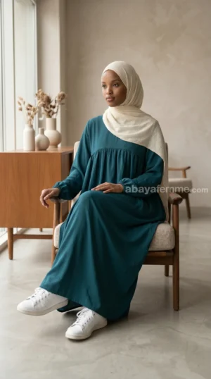 wijd uitlopende eendengroene abaya van medina-zijde.