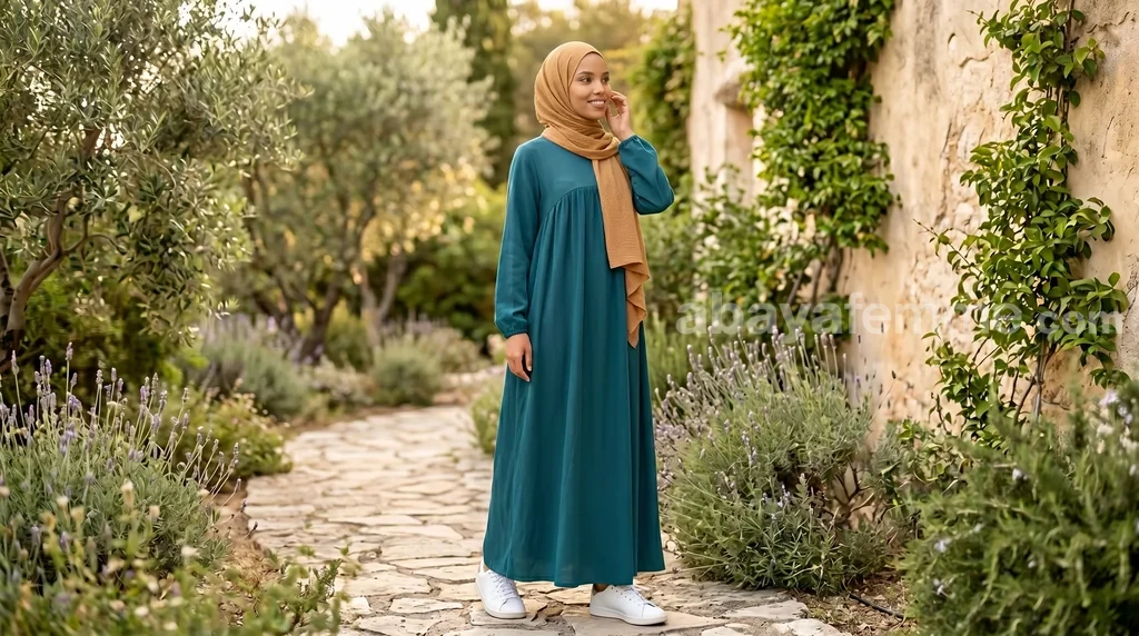 Abaya Évasée Soie de Médine Vert Canard 1 Abaya évasée soie de médine vert canard vue de face coupe fluide