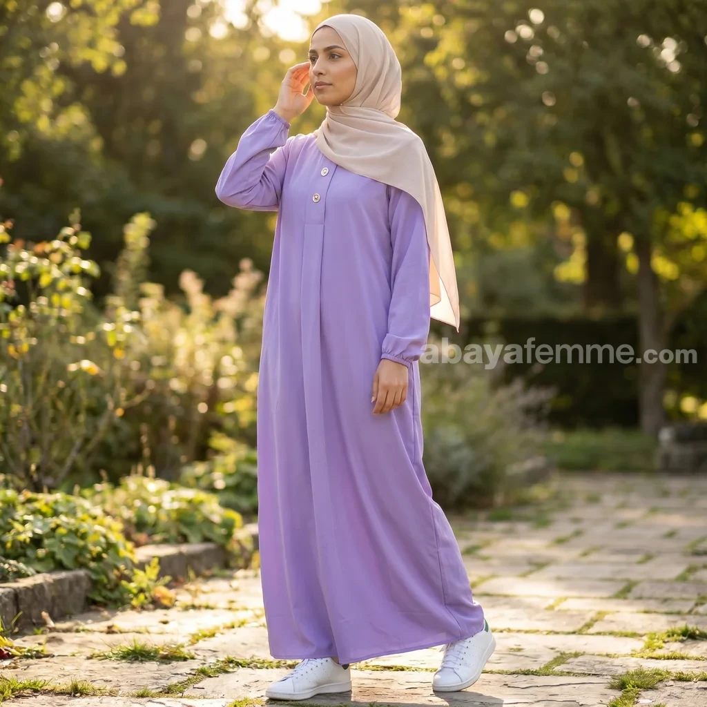 Abaya Soie de Médine Boutonnée Violette 2 Détail de la fluidité et du tissu de l'abaya soie de médine boutonnée violette