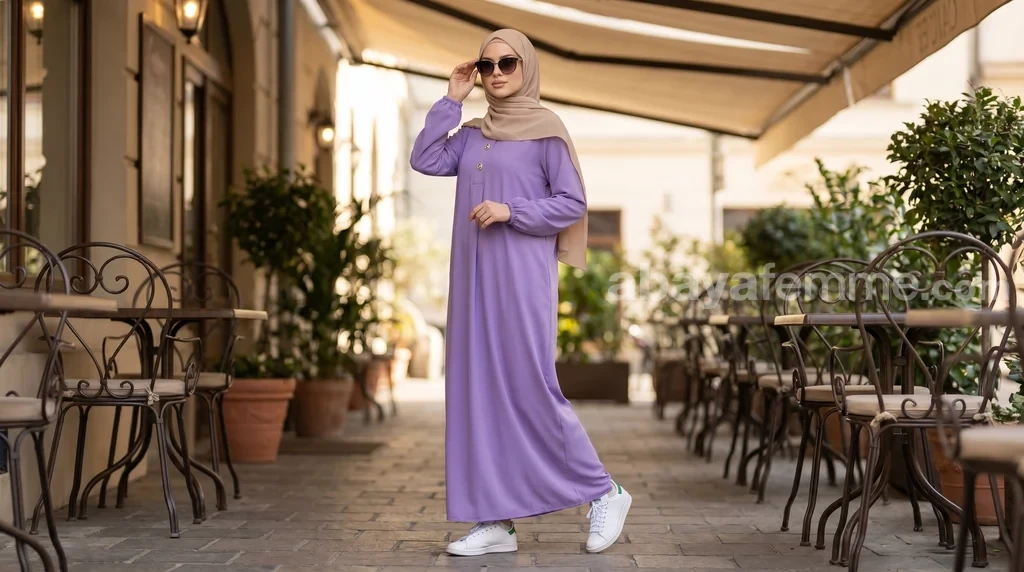 Abaya Soie de Médine Boutonnée Violette 1 Abaya Soie de Médine Boutonnée Violette robe longue 150 cm pour femme musulmane