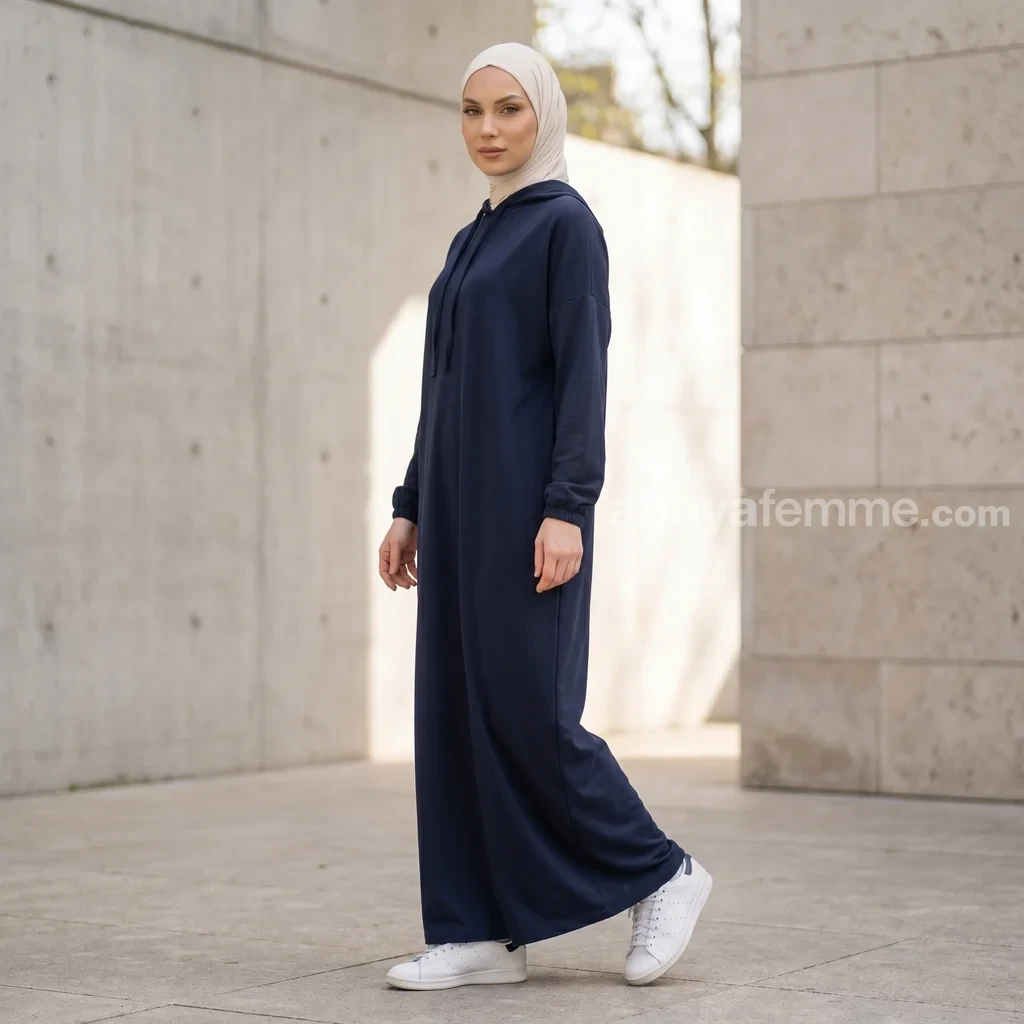 Abaya à Capuche en Bi-Stretch Bleu Marine 2 Détail de la coupe et du tissu bi-stretch bleu marine