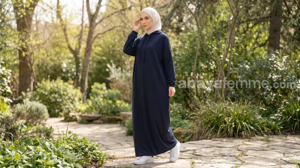 Abaya à Capuche en Bi-Stretch Bleu Marine 1 Femme portant l'abaya à capuche en bi-stretch bleu marine pour un look moderne