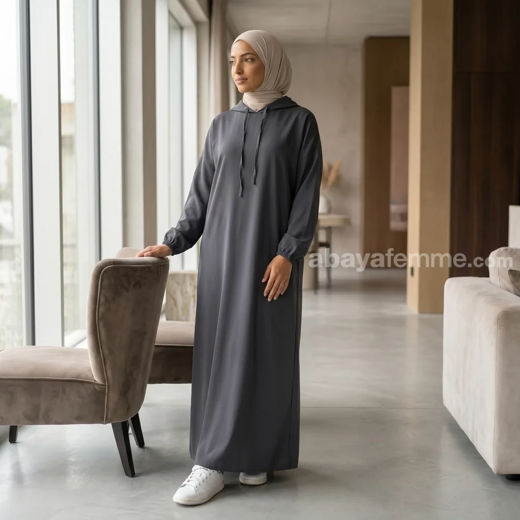 Abaya à Capuche en Bi-Stretch Grise 2 Gros plan sur la texture et la capuche de l'abaya grise en tissu bi-stretch