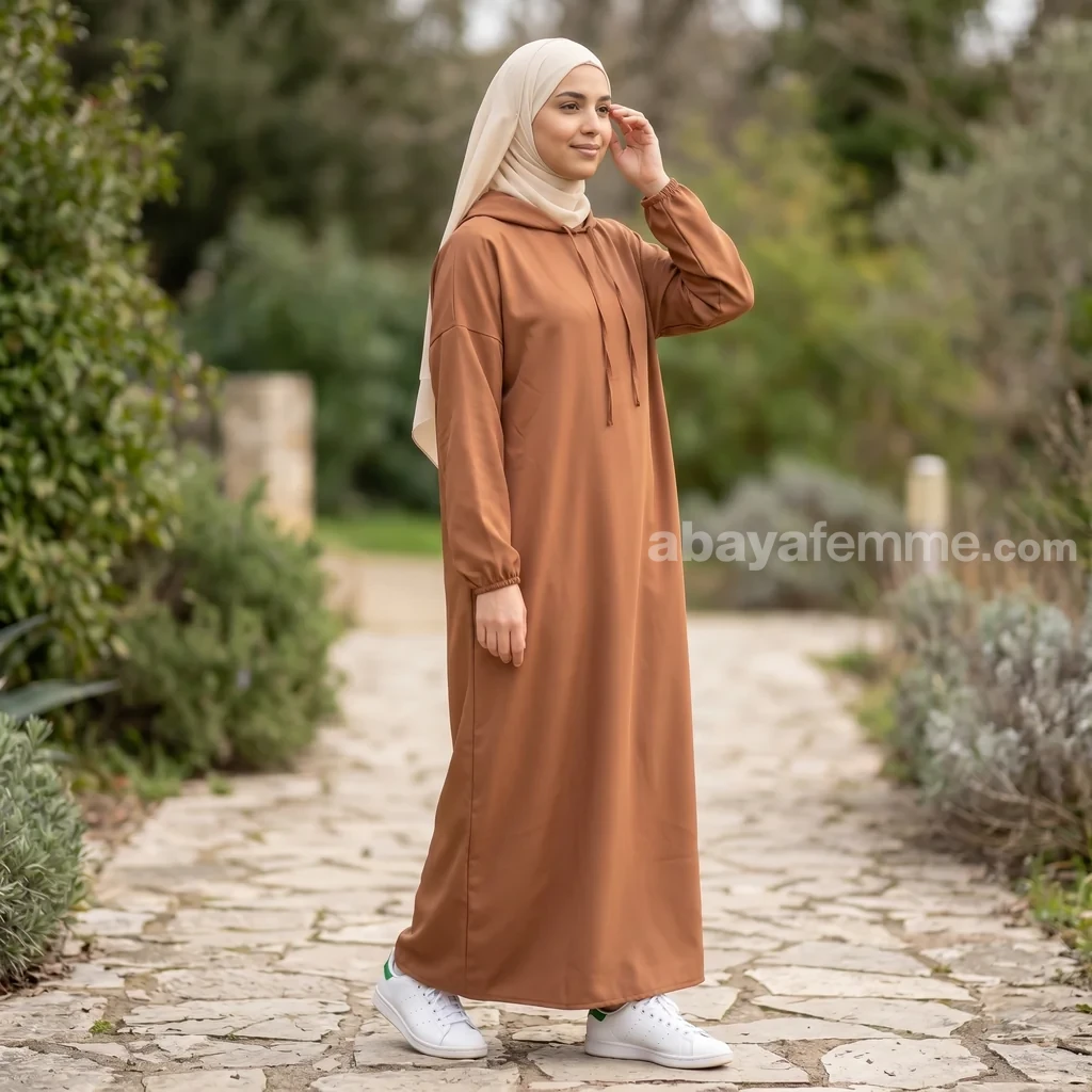 Abaya à Capuche en Bi-Stretch Marron 2 Détail de la capuche et de la texture du tissu bi-stretch marron