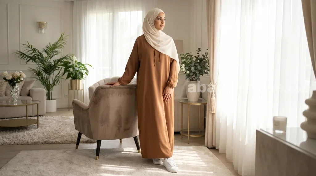 Abaya à Capuche en Bi-Stretch Marron 1 Femme portant l'abaya à capuche en bi-stretch marron pour un look chic et moderne