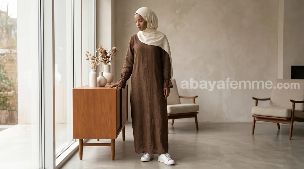 Abaya Effet Lin Marron 1 Abaya effet lin marron portée avec élégance