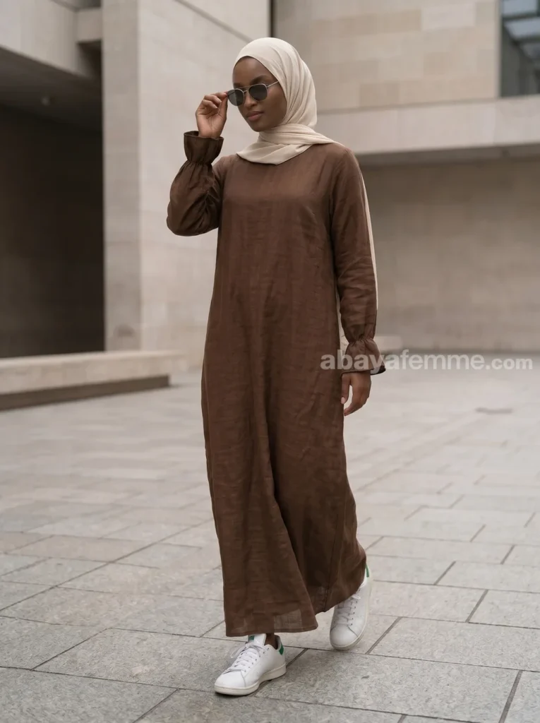 Abaya Effet Lin Marron 2 Détail des manches et de la texture de l'abaya effet lin marron