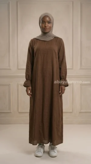 abaya_manche_volante_effet_lin_marron