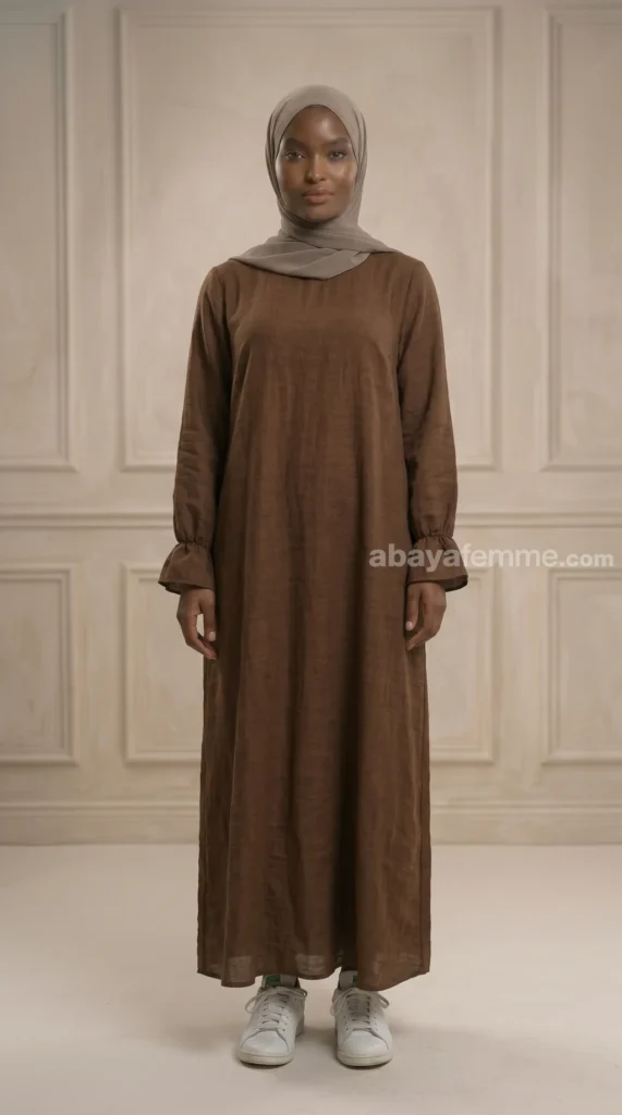 abaya_manche_volante_effet_lin_marron