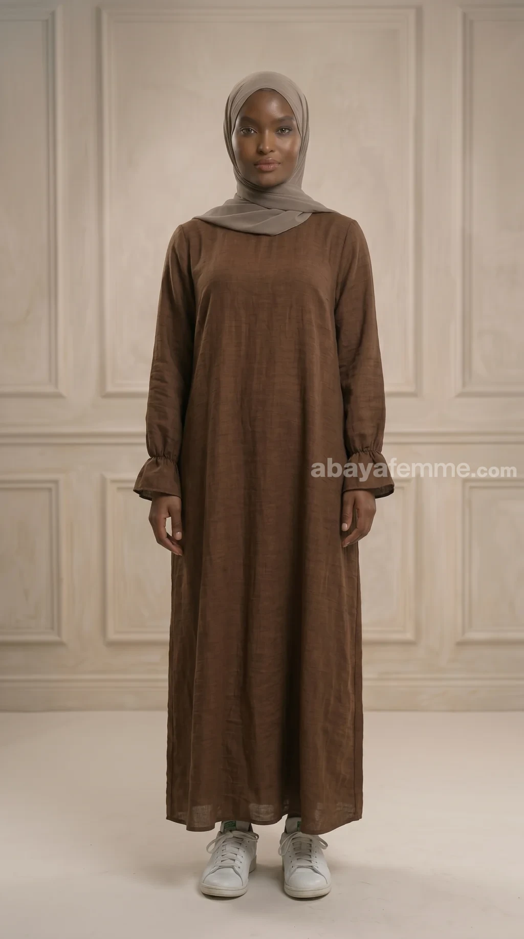 abaya_manche_volante_effet_lin_marron