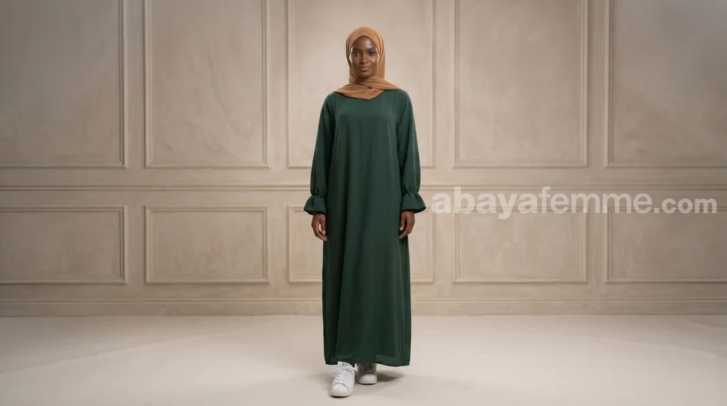 Abaya Manches Volantes Vert Sapin 1 Abaya manches volantes vert sapin vue de face coupe fluide élégante