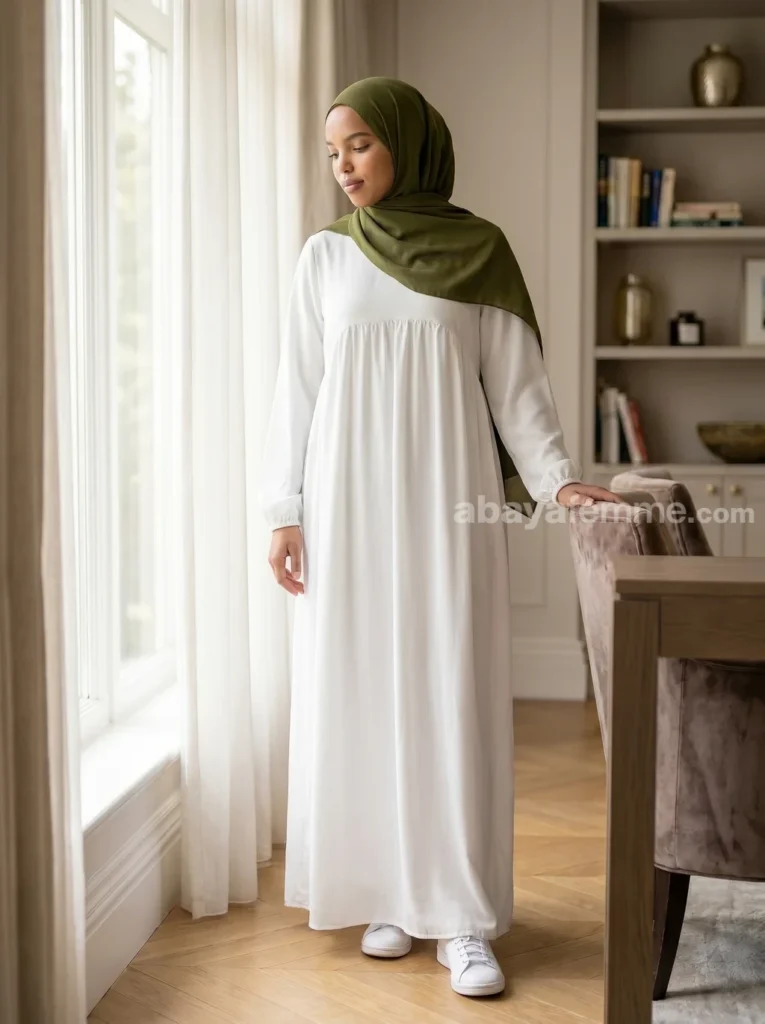 Abaya Évasée Soie de Médine Blanche 2 Détail du tissu fluide et des finitions de l'abaya évasée soie de médine blanche