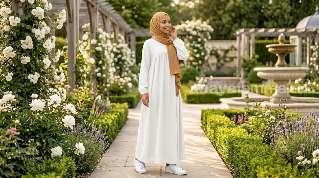 Abaya Évasée Soie de Médine Blanche 1 Femme portant l'abaya évasée soie de médine blanche dans un style élégant et épuré