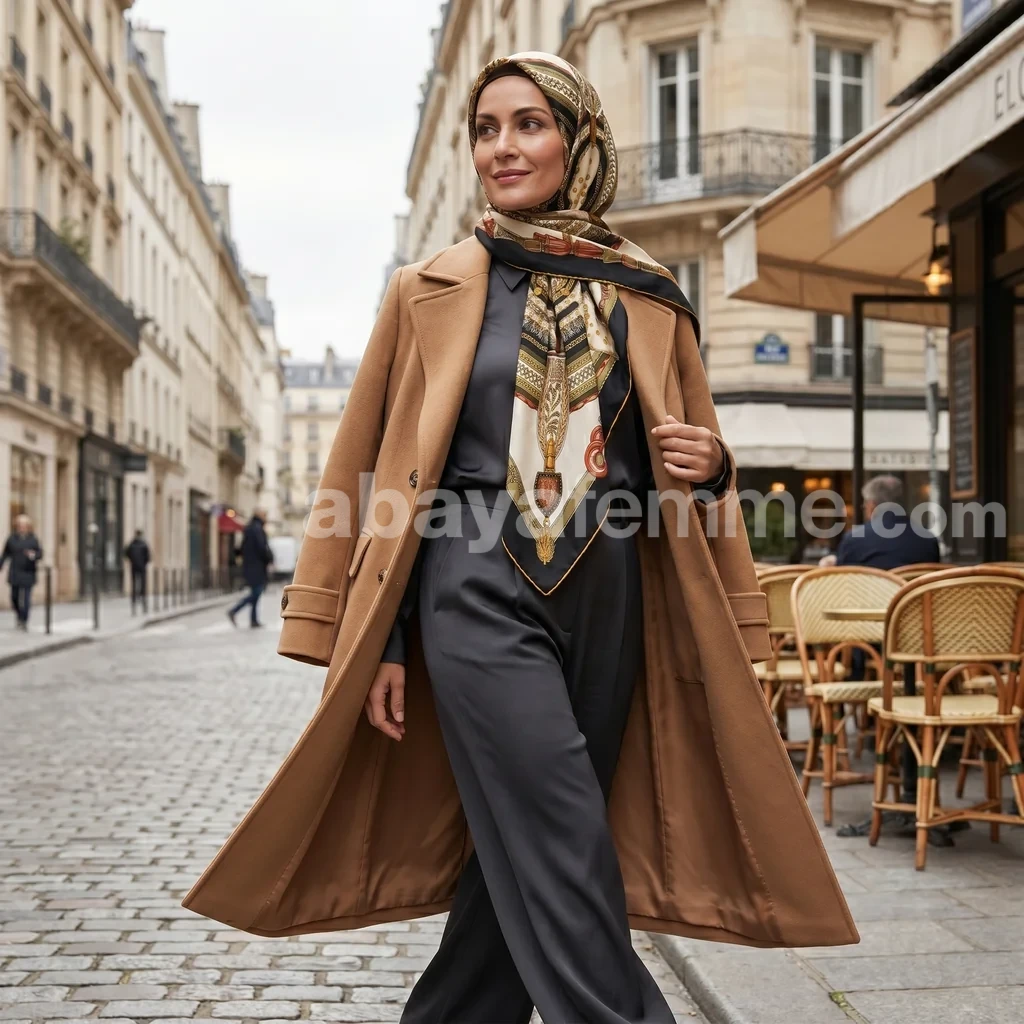 Foulard Collection Luxe FT54 3 Mise en situation du Foulard Carré FT54 porté de façon élégante