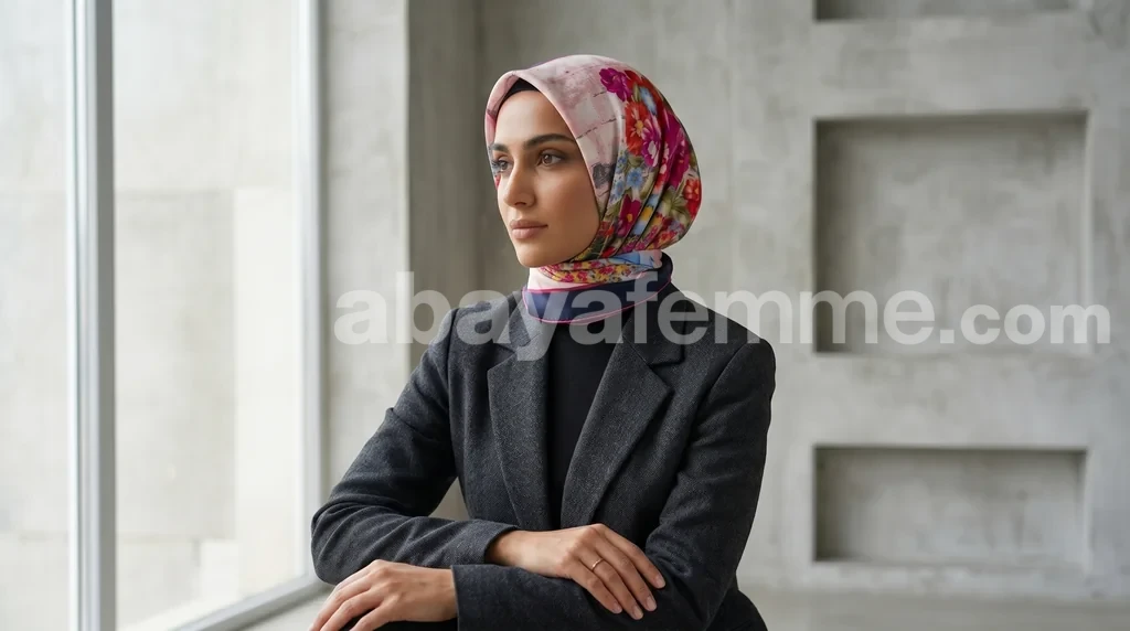 Foulard Collection Luxe FT55 1 Femme portant un foulard carré luxe FT55 en soie satinée