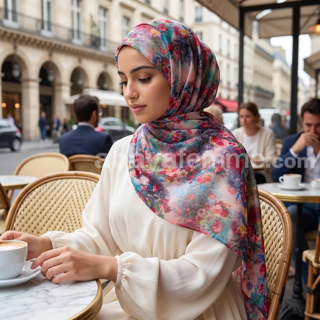 Hijab mousseline imprimé Collection Lilia HMIT02 2 Gros plan sur les détails floraux du hijab mousseline imprimé