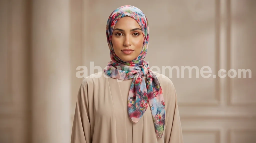 Hijab mousseline imprimé Collection Lilia HMIT02 1 Femme portant le hijab mousseline imprimé floral Collection Lilia