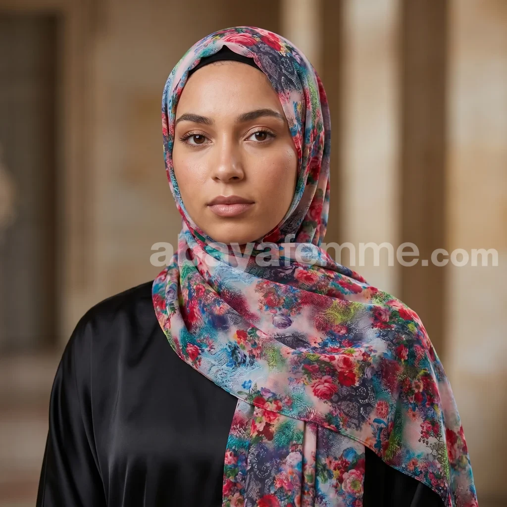 Hijab mousseline imprimé Collection Lilia HMIT02 3 Vue d'ensemble et tombé fluide du hijab mousseline imprimé HMIT02