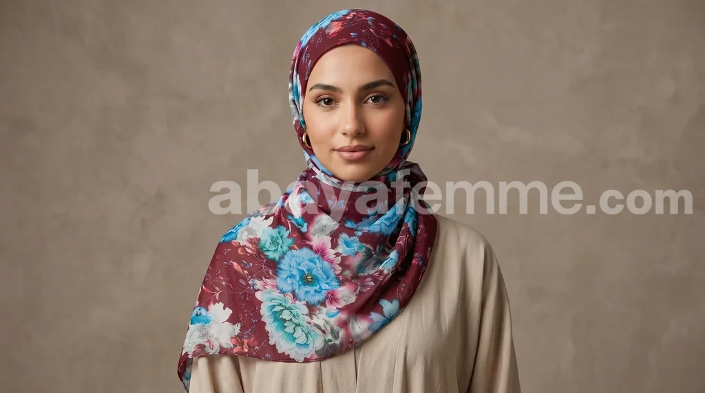 Hijab mousseline imprimé Collection Lilia HMIT03 1 Femme portant un hijab mousseline imprimé floral de la collection Lilia
