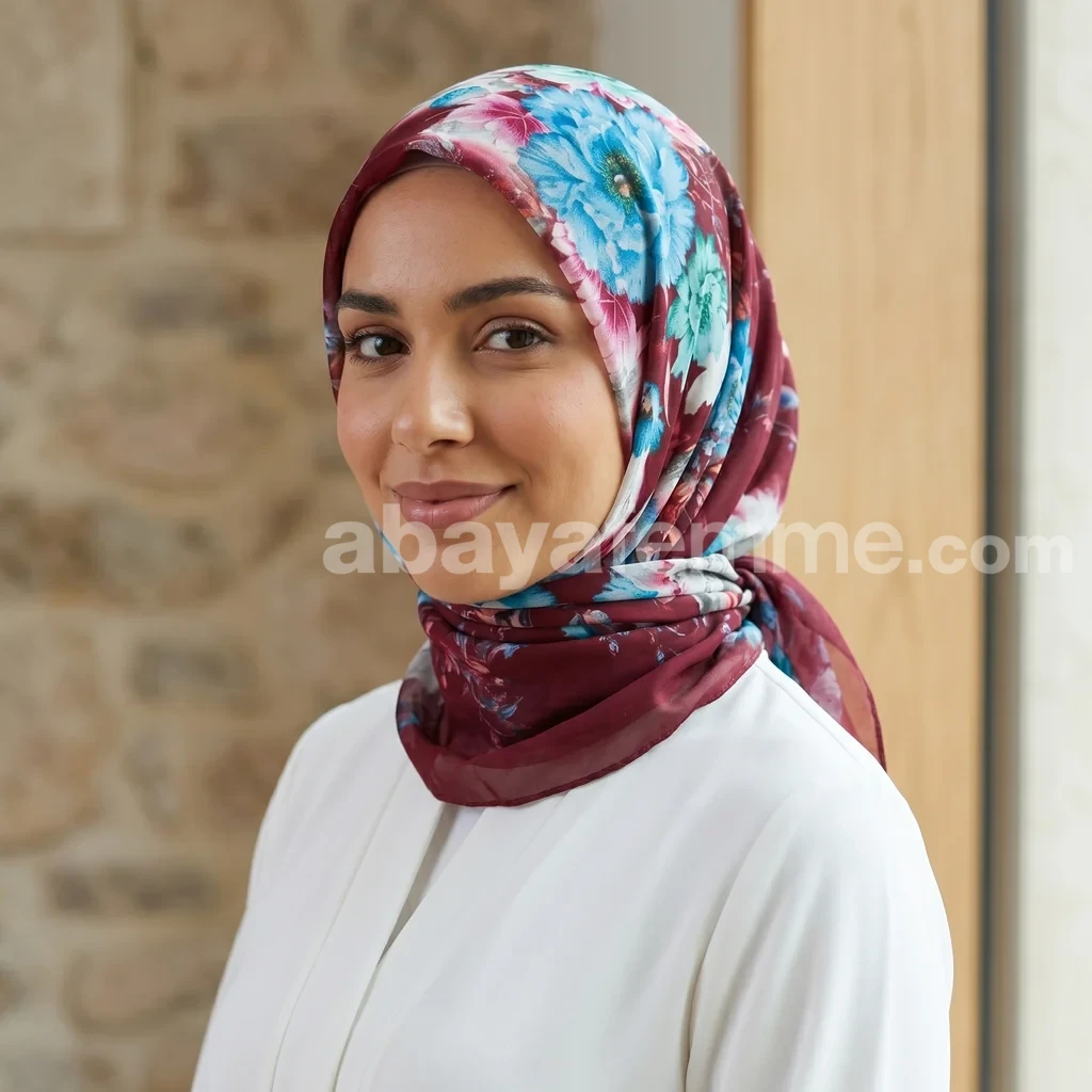 Hijab mousseline imprimé Collection Lilia HMIT03 2 Détail des motifs floraux sur le hijab mousseline imprimé bordeaux