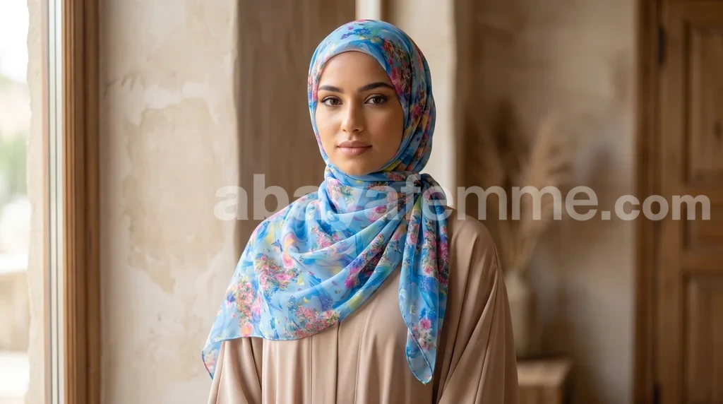 Hijab mousseline imprimé Collection Lilia HMIT05 1 Femme portant un hijab mousseline imprimé aux motifs floraux délicats de la collection Lilia