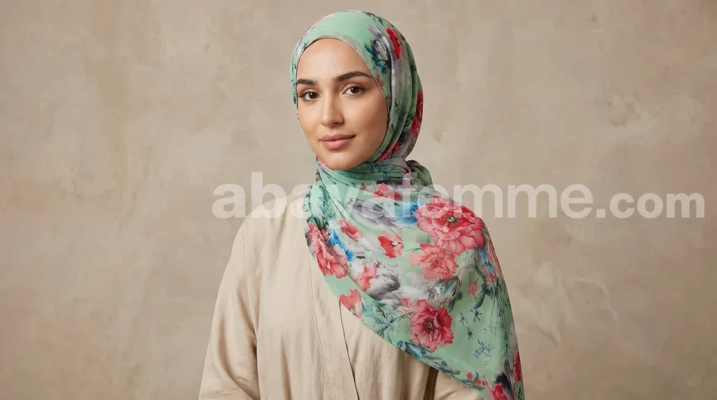 Hijab mousseline imprimé Collection Lilia HMIT06 1 Hijab mousseline imprimé collection lilia hmit06 porté avec élégance