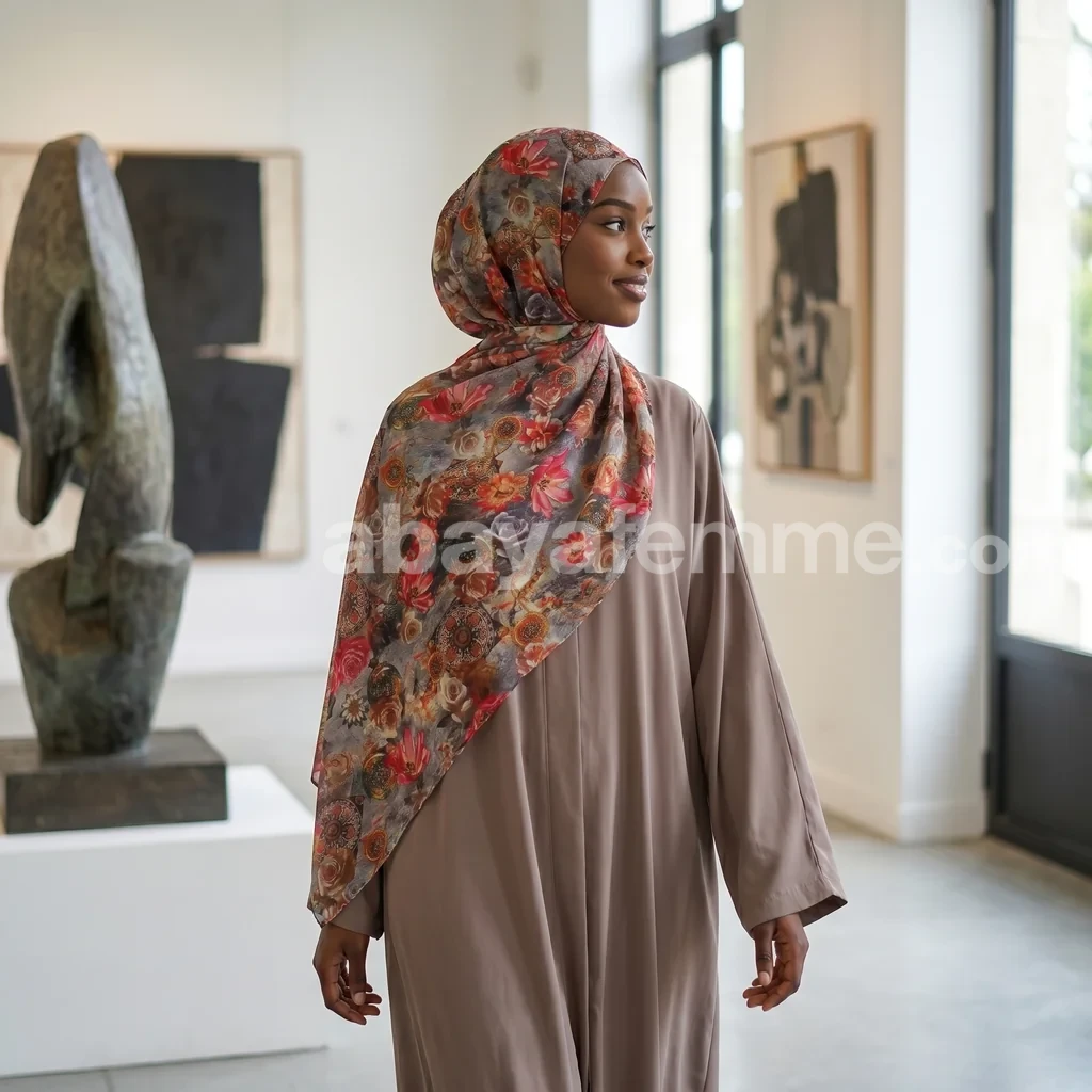 Hijab mousseline imprimé Collection Lilia HMIT08 2 Détail du tissu léger d'un hijab mousseline imprimé de fabrication turque