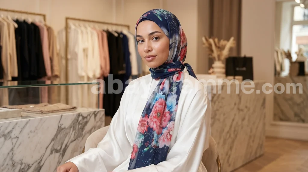 Hijab mousseline imprimé Collection Lilia HMIT10 1 Hijab mousseline imprimé collection lilia hmit10 bleu marine aux motifs floraux